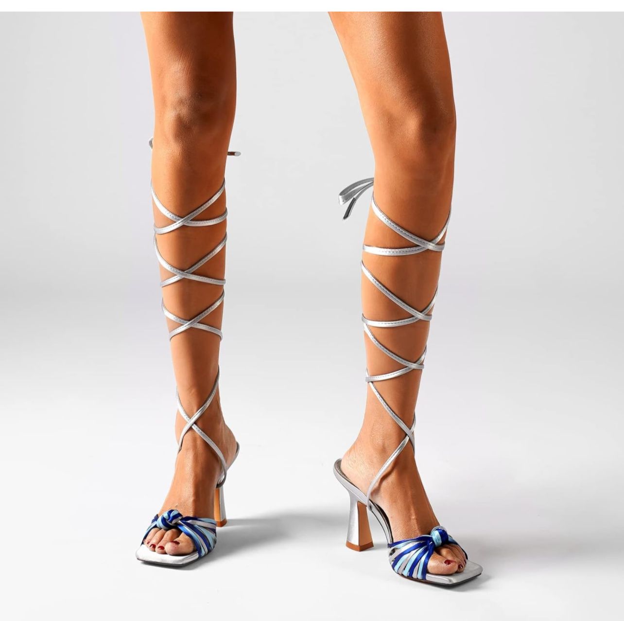 LounyStore Women's Square Toe Strappy Lace-Up Sandals