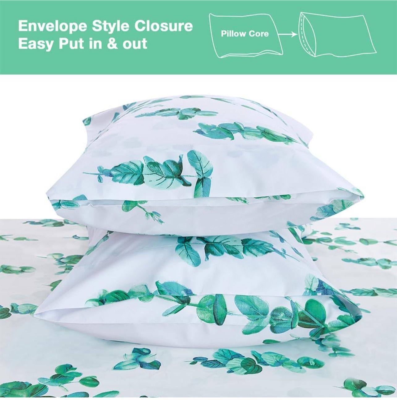 LOUNYSTORE Green Eucalyptus leaves Sheet set Queen size king size 4 piece Botanical prints Microfiber sheets and Pillowcases Deep pocket