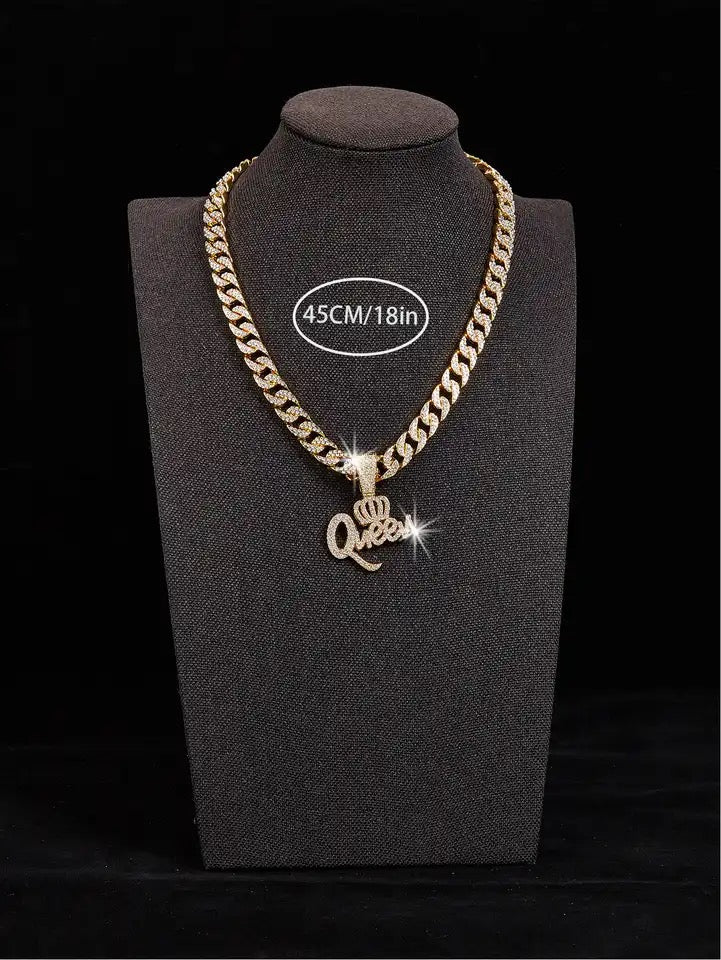 LounyStore New Design Trend Ladies Hip Hop Small Necklace Crown QUEEN Pendant