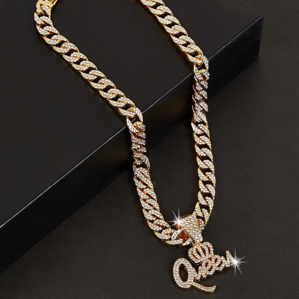 LounyStore New Design Trend Ladies Hip Hop Small Necklace Crown QUEEN Pendant
