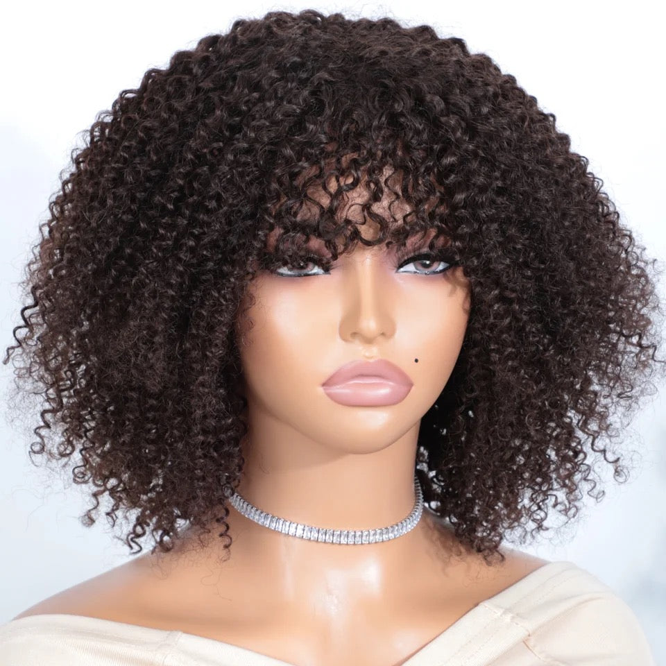 Afro Kinky Curly Human Hair Wigs with Bangs Wear to go Glueless Wig 250 Density Remy Brazilian Short Curly