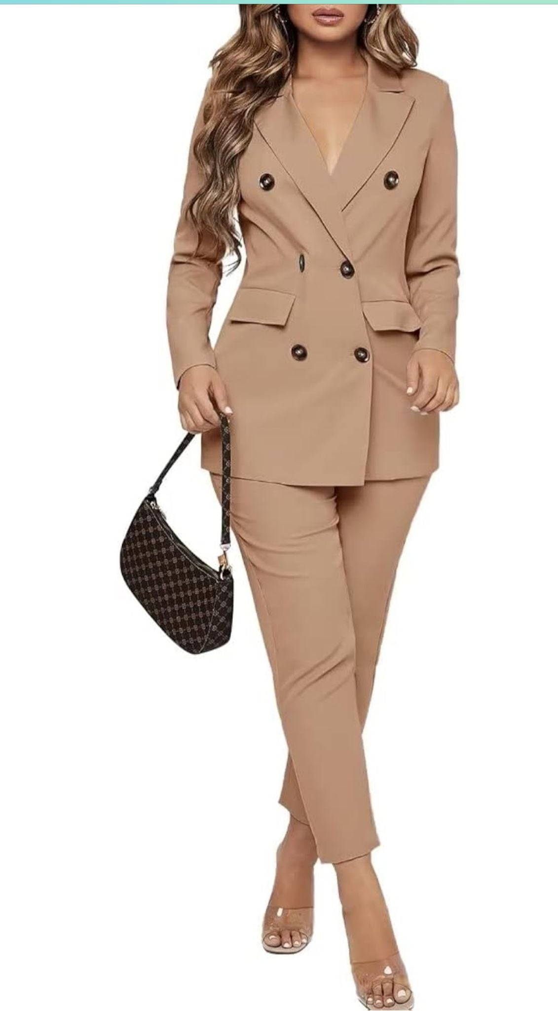 Women Double Breasted Blazer Set Formal 2 Piece Pants Outfits Long Sleeve Bussines Suit Set for Work Office