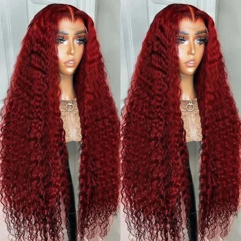 Glueless Human Hair wig 13x6 HD Frontal Burgundy Deep Wave lace Curly