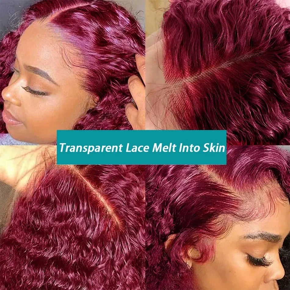 Glueless Human Hair wig 13x6 HD Frontal Burgundy Deep Wave lace Curly