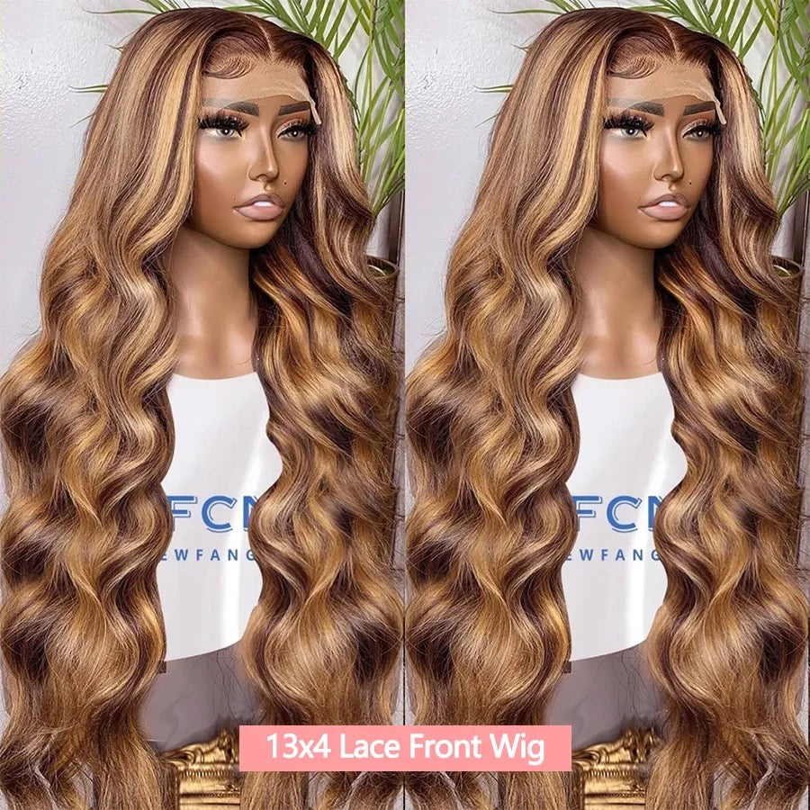 Body Wave Human Hair 13x4 Lace Frontal Wig P4/27 Color Highlights Transparent Lace Wigs 100% Brazilian Natural Human Hair For Women