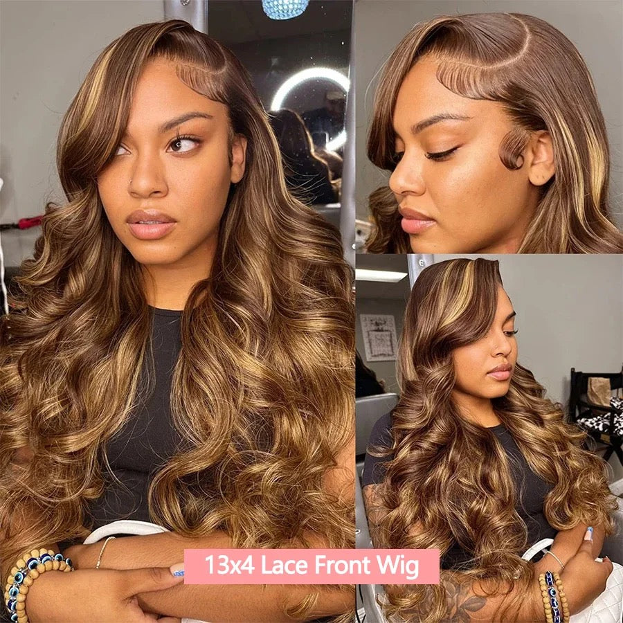 Body Wave Human Hair 13x4 Lace Frontal Wig P4/27 Color Highlights Transparent Lace Wigs 100% Brazilian Natural Human Hair For Women