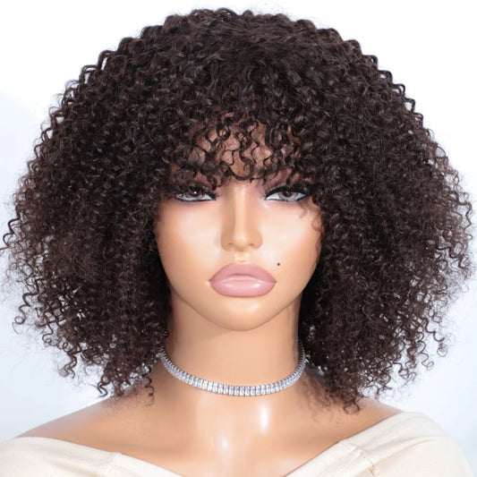 Afro Kinky Curly Human Hair Wigs with Bangs Wear to go Glueless Wig 250 Density Remy Brazilian Short Curly