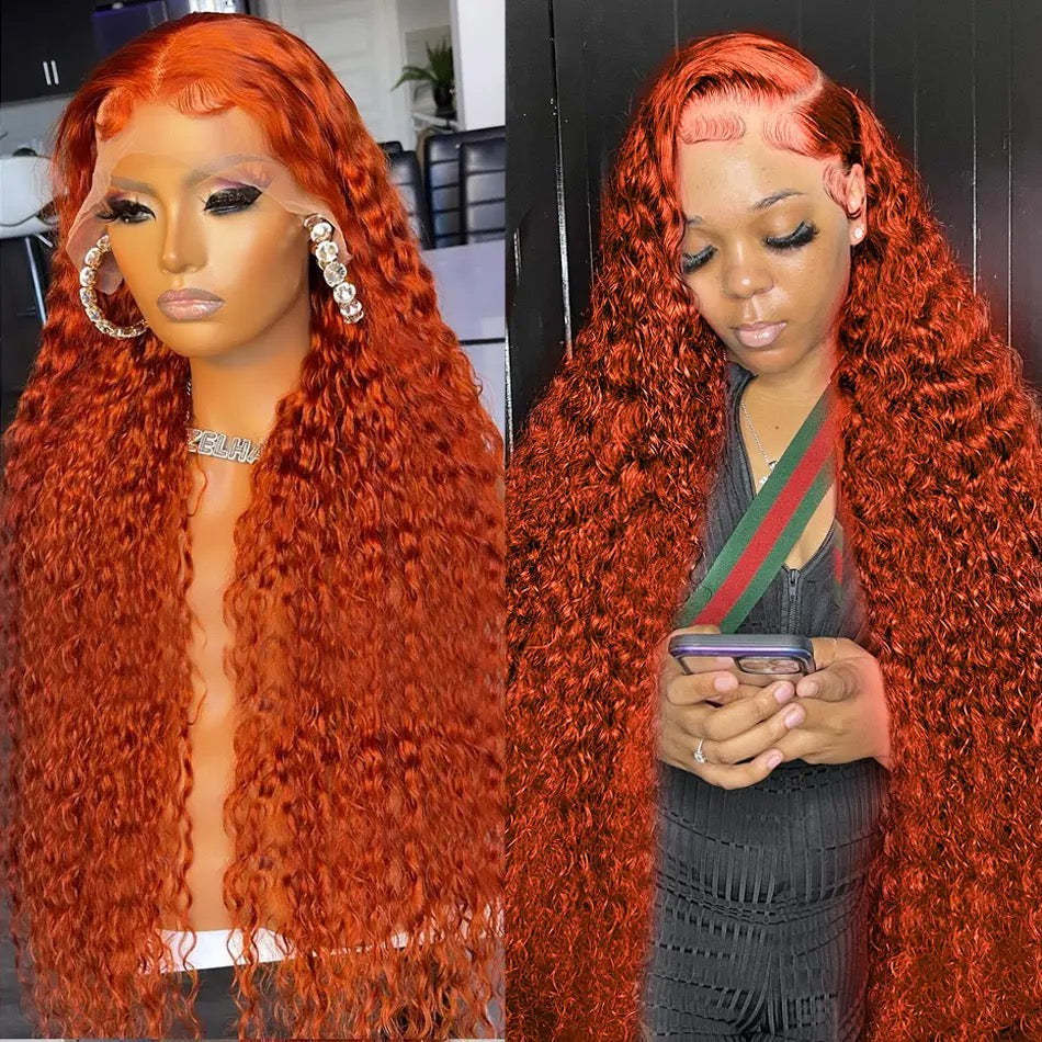 Ginger Orange Deep Wave Lace Frontal Wig Curly 13x6 Colored Lace Front Human Hair Wigs Water Wave for Women